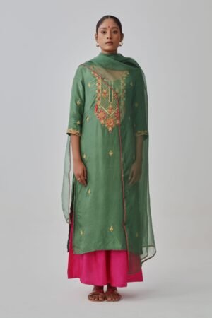 Green Hand-Embroidered Silk Kurta Set
