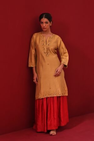 Mustard Raw Silk Kurta with Linen-Silk Gharara