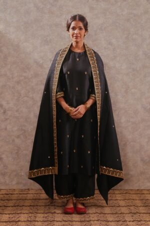 Black Raw Silk Kurta Set with Linen Silk Pants