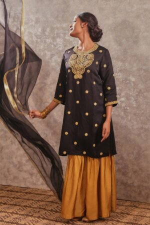 Elegant Black & Gold Linen Silk Kurta Set